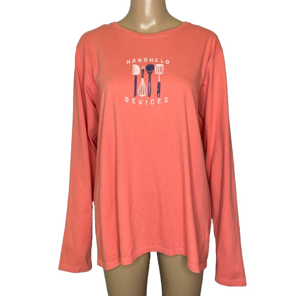 Women's XL Life is Good Handheld Devices Utensils Orange Cotton Long Sleeve Tee - Picture 1 of 5